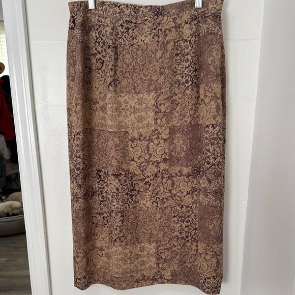 Talbots Elegant Brown Patterned Silk Midi Skirt Size 14 - Picture 2 of 11